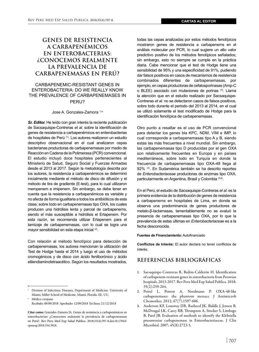 Pdf Genes De Resistencia A Carbapenemicos En Enterobacterias Conocemos Realmente La Prevalencia De Carbapenemasas En Peru