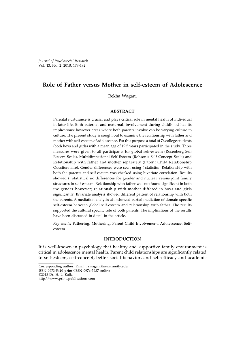 Pdf) Role Of Father Versus Mother In Self-Esteem Of Adolescence