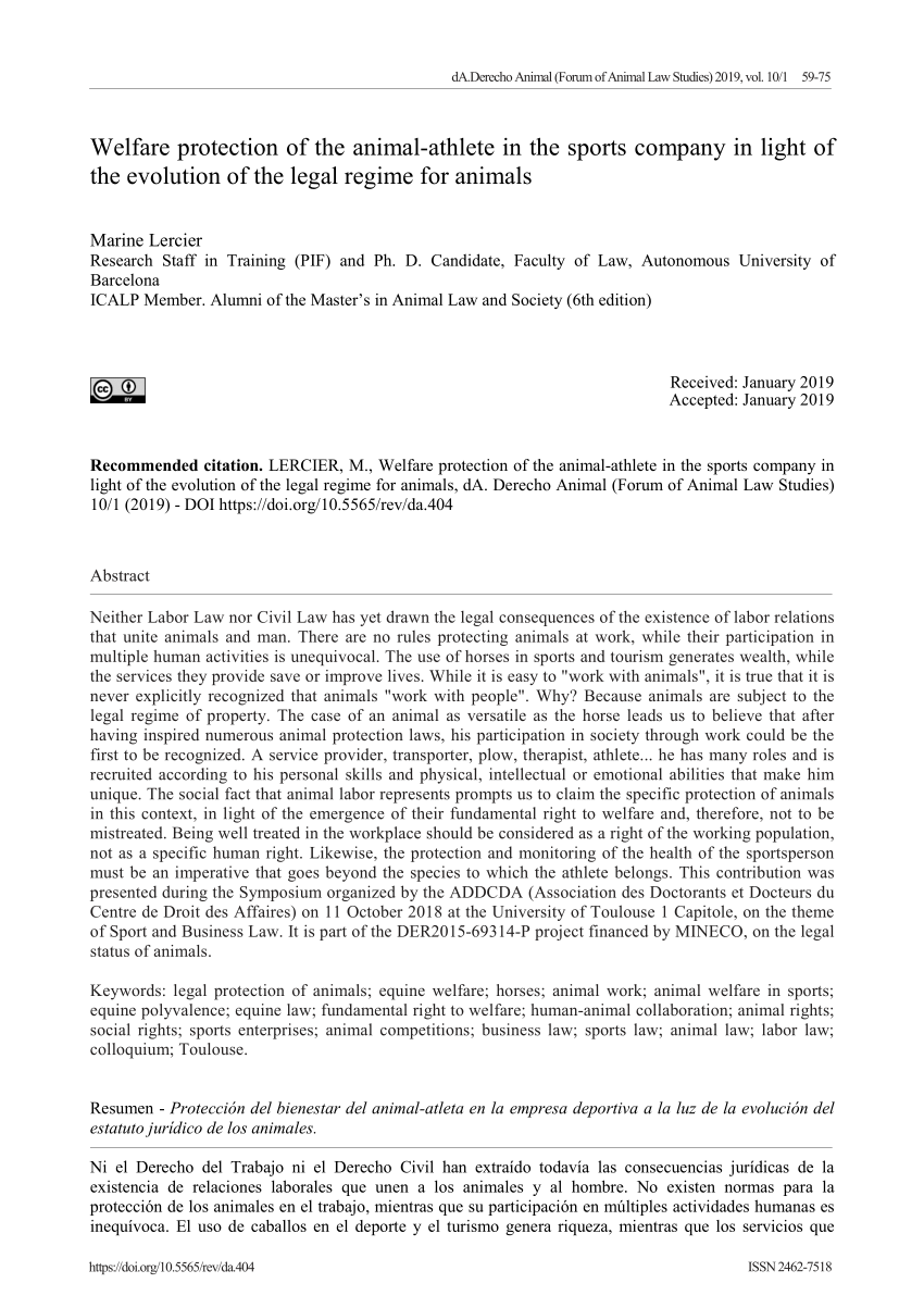 Pdf Welfare Protection Of The Animal Athlete In The Sports Company In Light Of The Evolution Of The Legal Regime For Animals