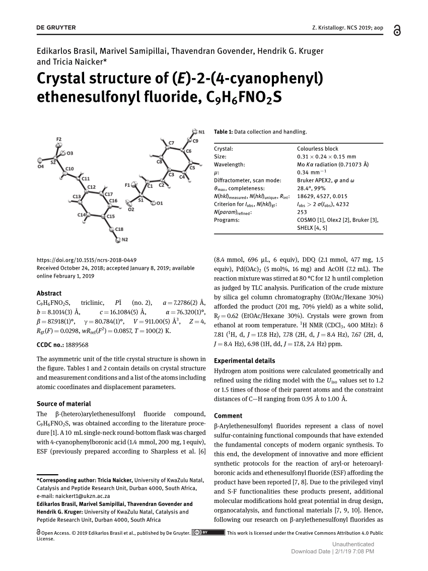 Pdf Crystal Structure Of E 2 4 Cyanophenyl Ethenesulfonyl Fluoride C9h6fno2s