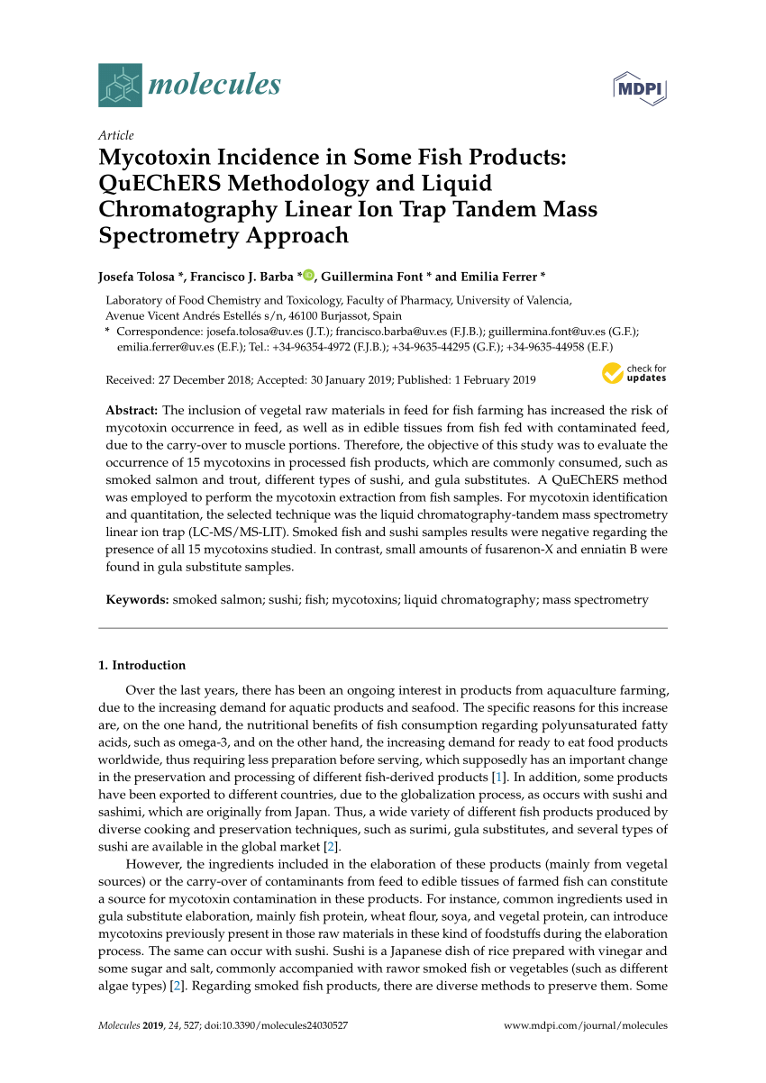 Pdf Mycotoxin Incidence In Some Fish Products Quechers Methodology And Liquid Chromatography Linear Ion Trap Tandem Mass Spectrometry Approach