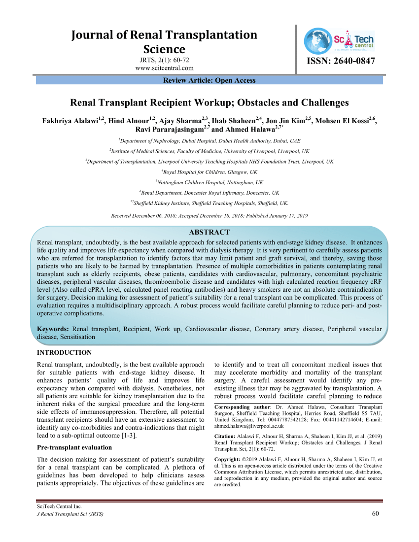 Pdf Renal Transplant Recipient Workup Obstacles And Challenges