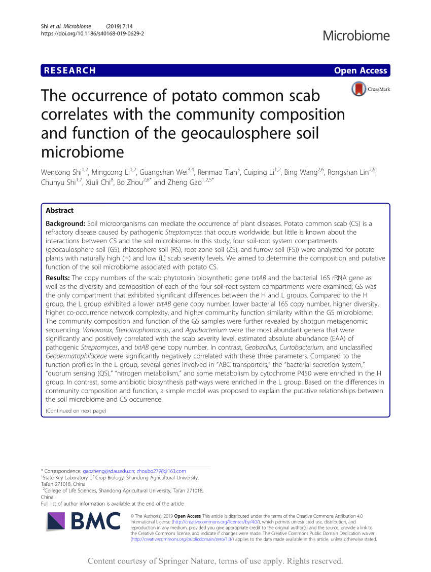 Pdf The Occurrence Of Potato Common Scab Correlates With The Community Composition And Function Of The Geocaulosphere Soil Microbiome