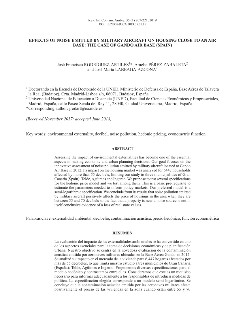 Pdf Effects Of Noise Emitted By Military Aircraft On Housing Close To An Air Base The Case Of Gando Air Base Spain