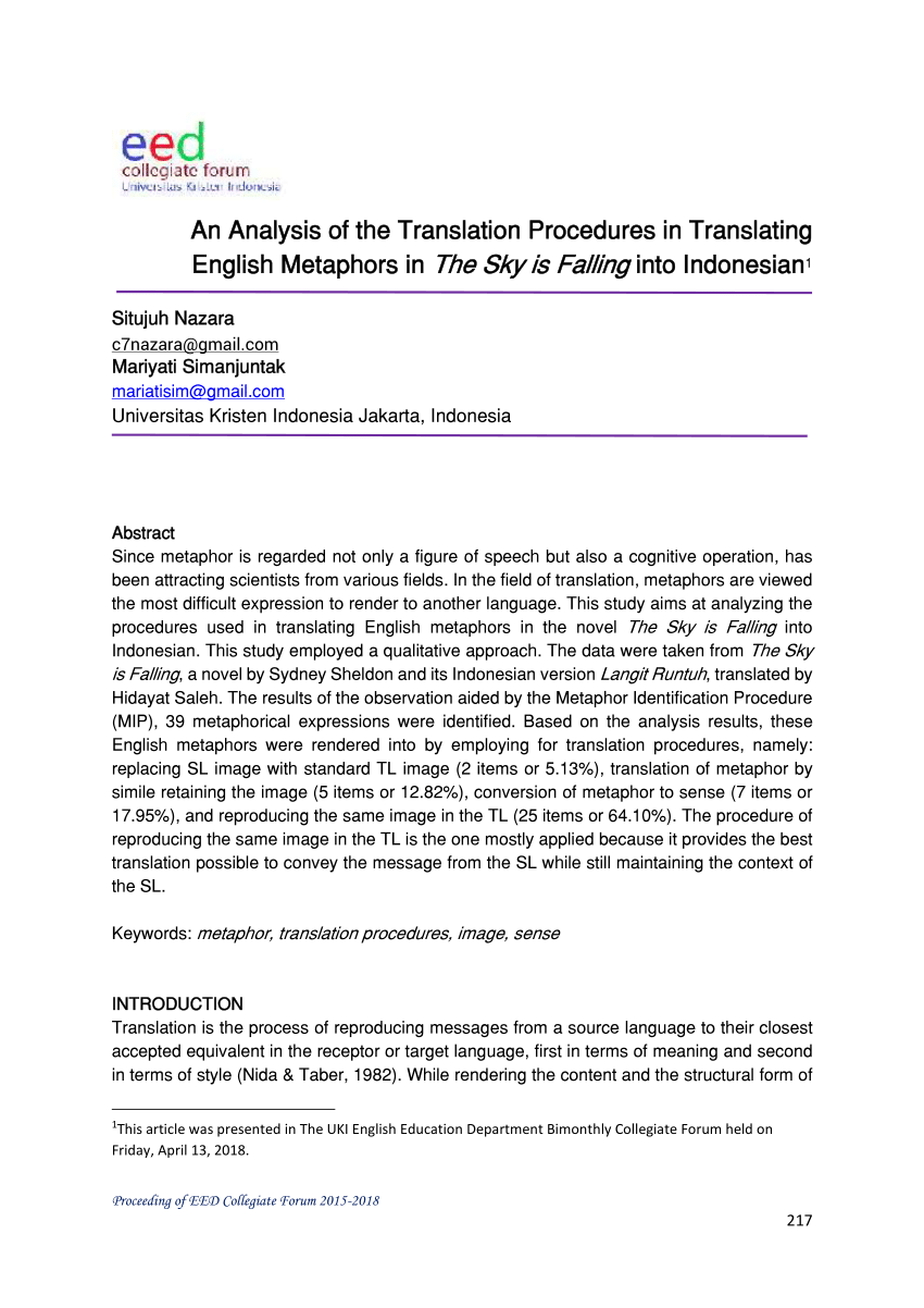 Pdf An Analysis Of The Translation Procedures In Translating English Metaphors In The Sky Is Falling Into Indonesian