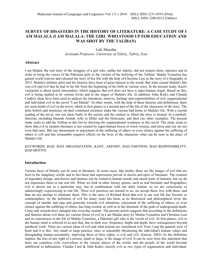 PDF) SURVEY OF DISASTERS IN THE HISTORY OF LITERATURE: A CASE STUDY OF I AM  MALALA (I AM MALALA: THE GIRL WHO STOOD UP FOR EDUCATION AND WAS SHOT BY  THE TALIBAN)