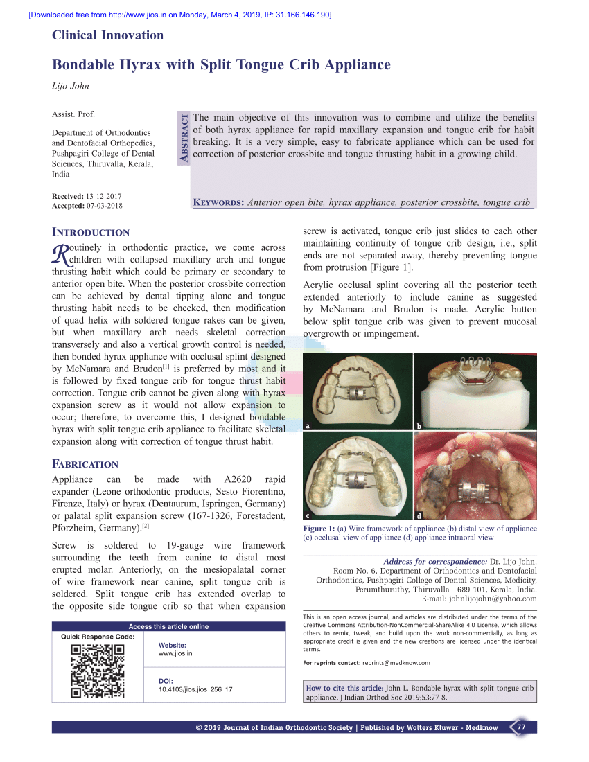 Pdf Bondable Hyrax With Split Tongue Crib Appliance