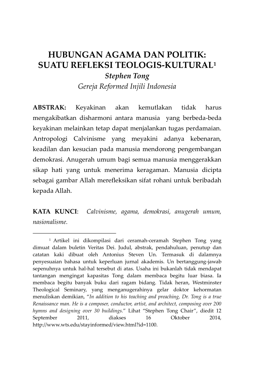 Pdf Hubungan Agama Dan Politik Suatu Refleksi Teologis Kultural