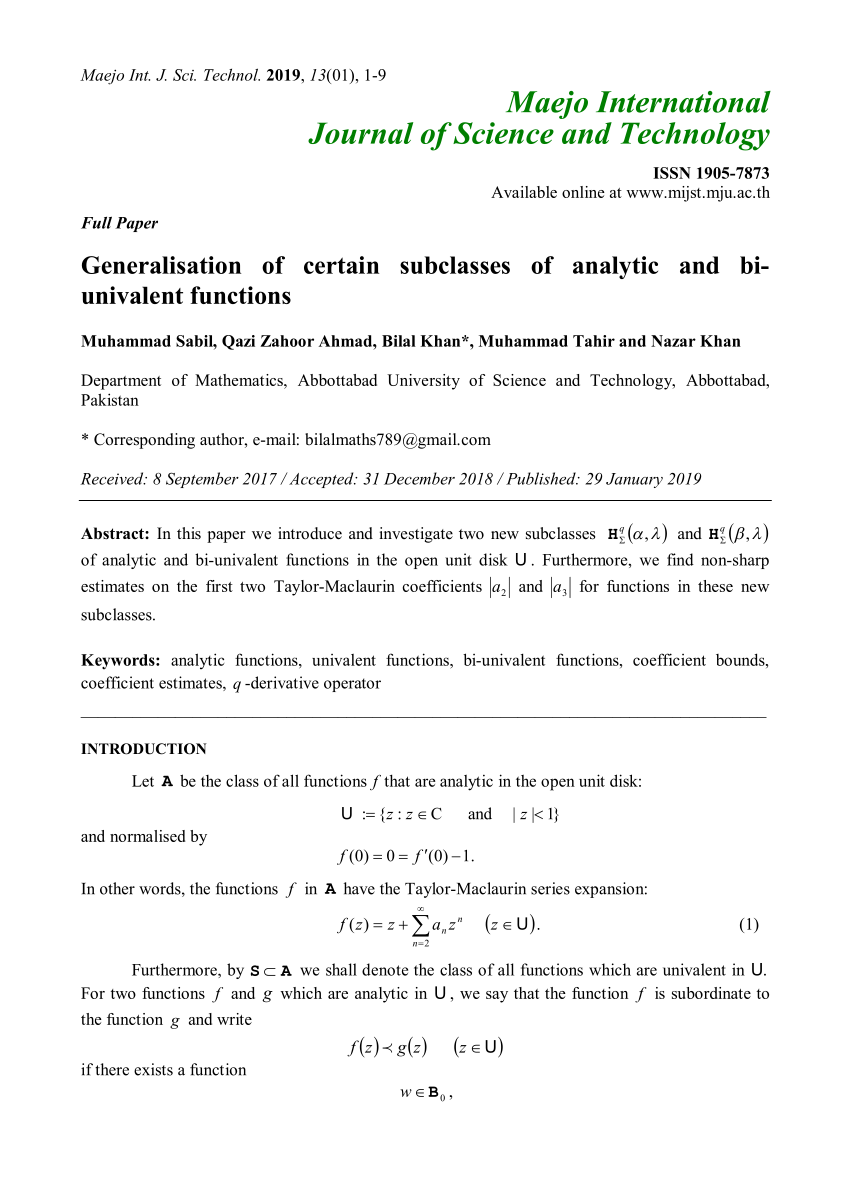 Pdf Generalisation Of Certain Subclasses Of Analytic And Bi Univalent Functions