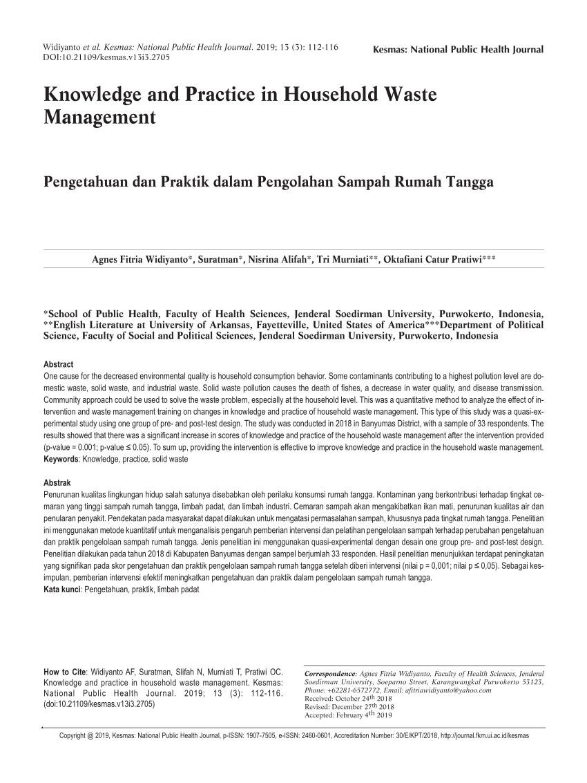 Pdf Knowledge And Practice In Household Waste Management