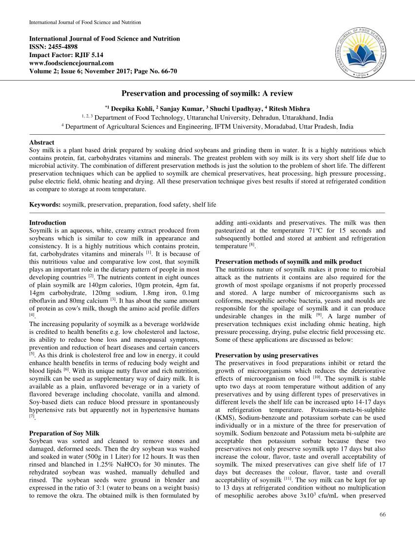 Pdf Preservation And Processing Of Soymilk A Review