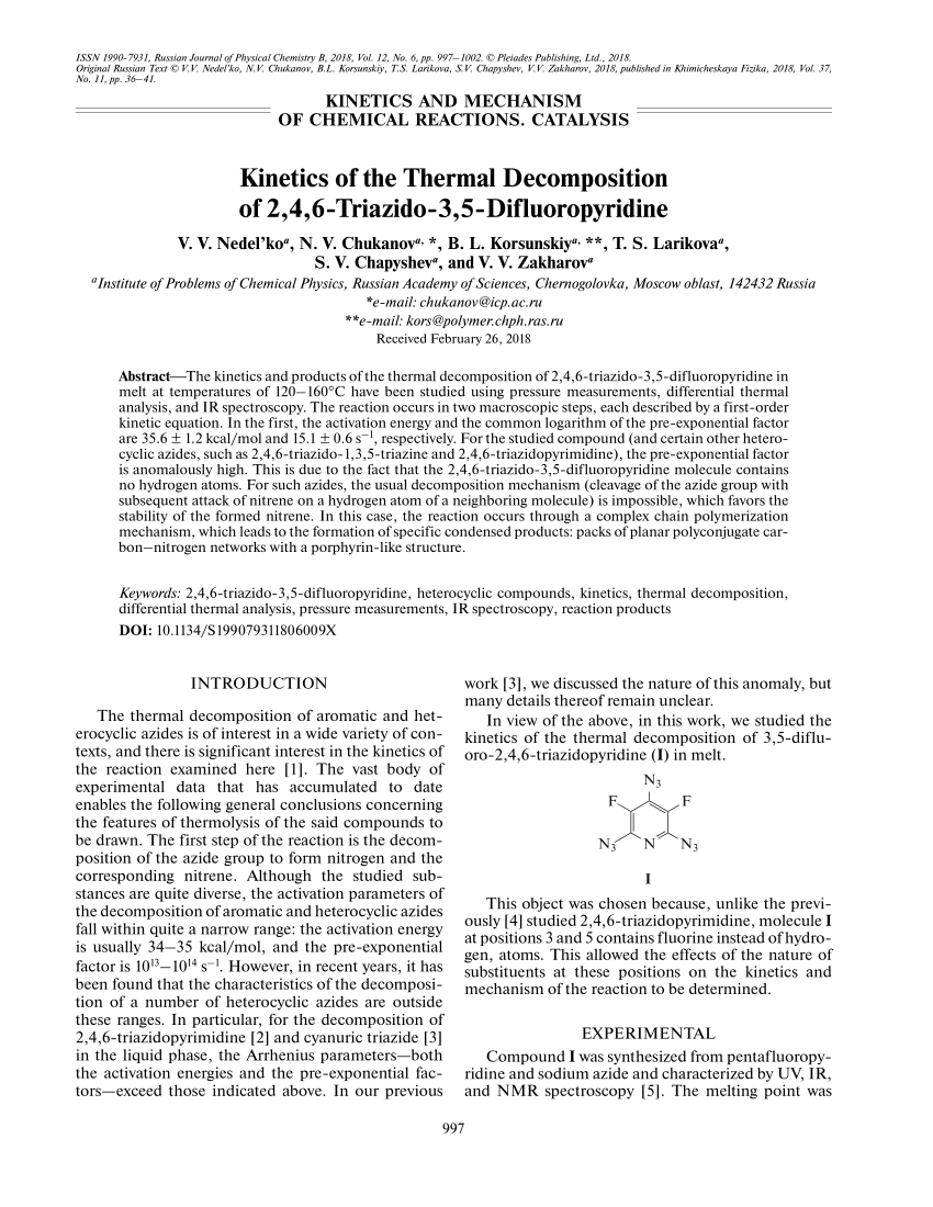 Pdf Kinetics Of The Thermal Decomposition Of 2 4 6 Triazido 3 5 Difluoropyridine