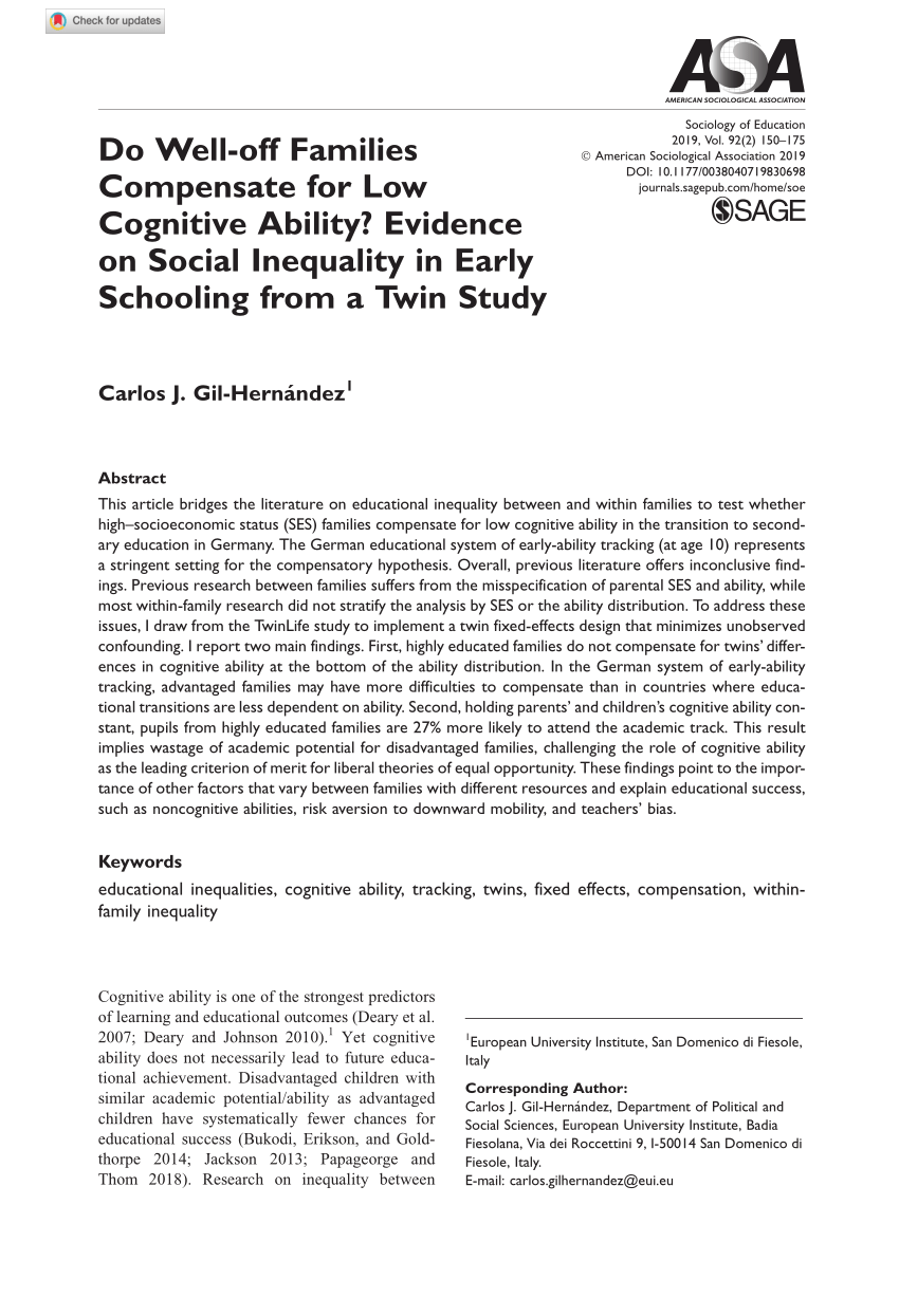 Pdf Do Well Off Families Compensate For Low Cognitive Ability Evidence On Social Inequality In Early Schooling From A Twin Study