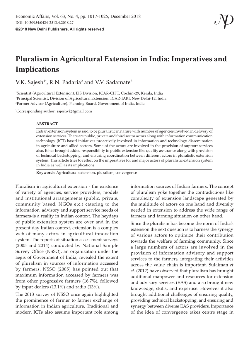 PDF) Pluralism in Agricultural Extension in India: Imperatives and ...