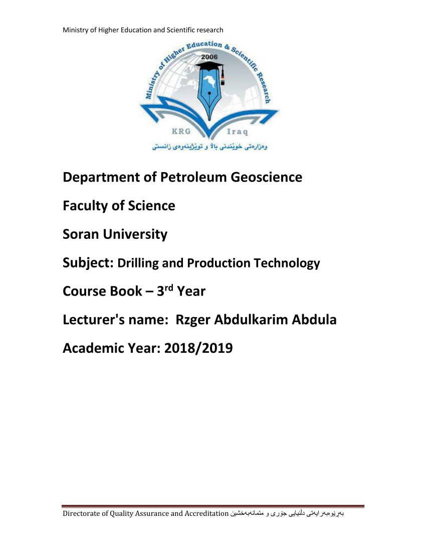 Pdf Subject Drilling And Production Technology Course Book 3 Rd Year Lecturer S Name Rzger Abdulkarim Abdula