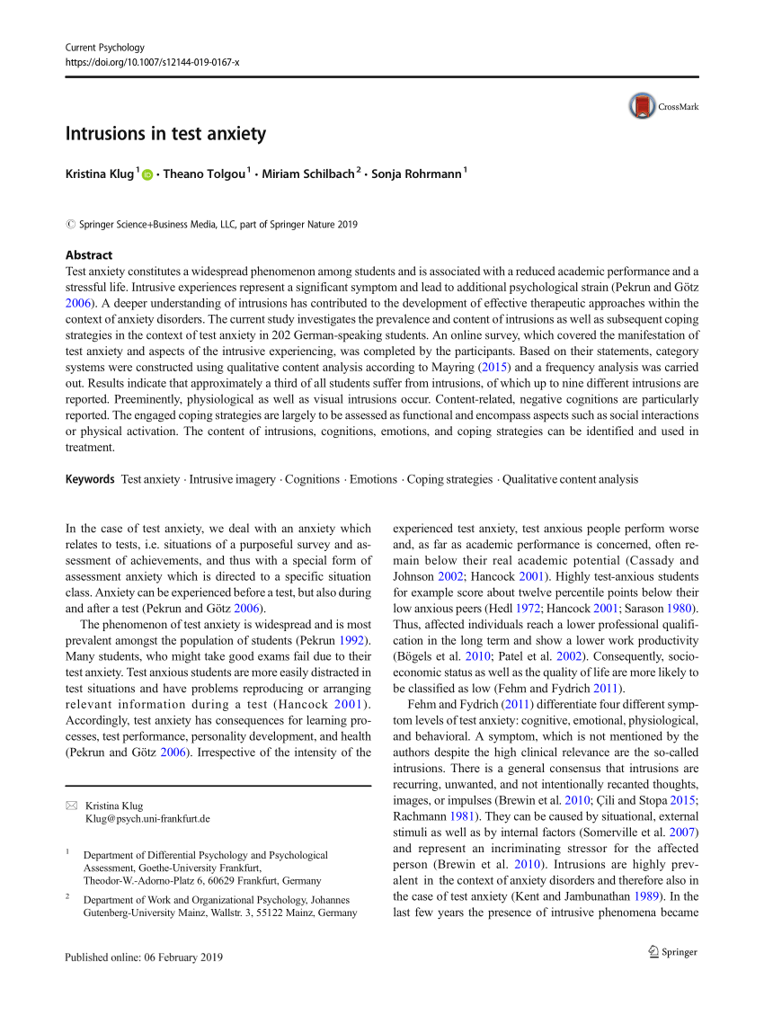 Pdf Intrusions In Test Anxiety