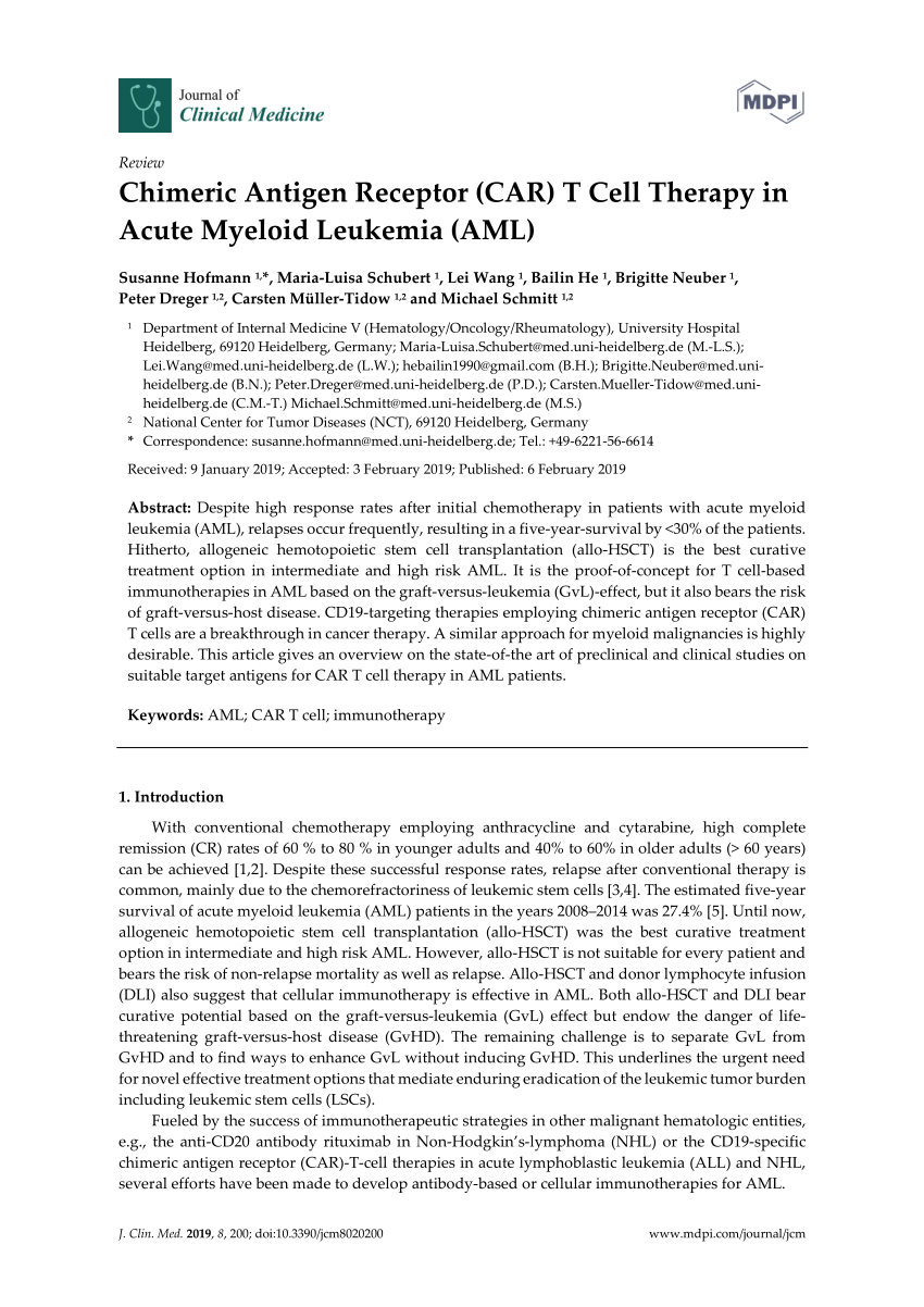 Pdf Chimeric Antigen Receptor Car T Cell Therapy In Acute Myeloid Leukemia Aml