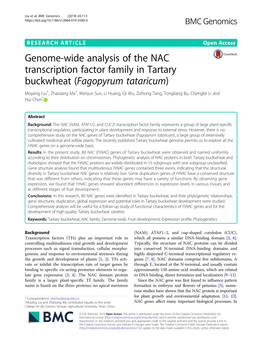 Pdf Genome Wide Analysis Of The Nac Transcription Factor Family In Tartary Buckwheat Fagopyrum Tataricum