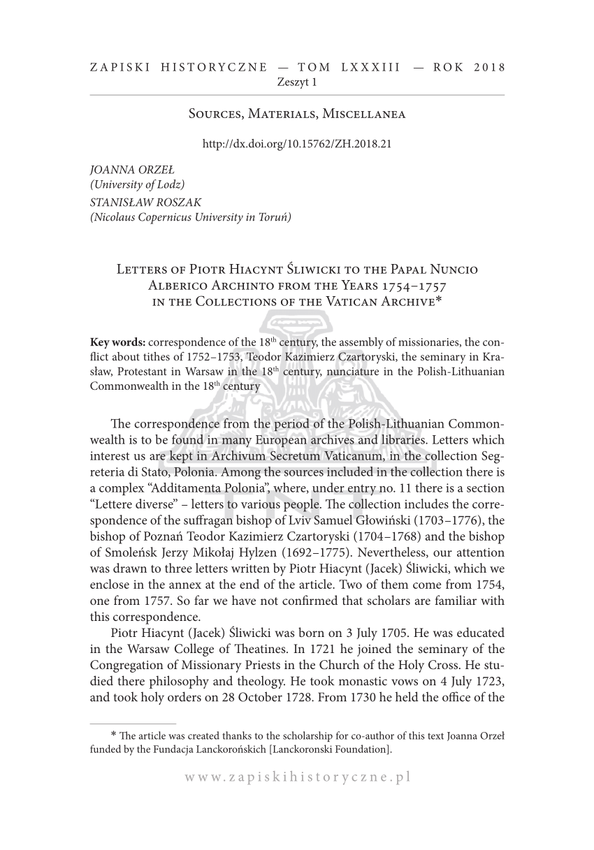 Pdf Letters Of Piotr Hiacynt Sliwicki To The Papal Nuncio Alberico Archinto From The Years 1754 1757 In The Collections Of The Vatican Archive English