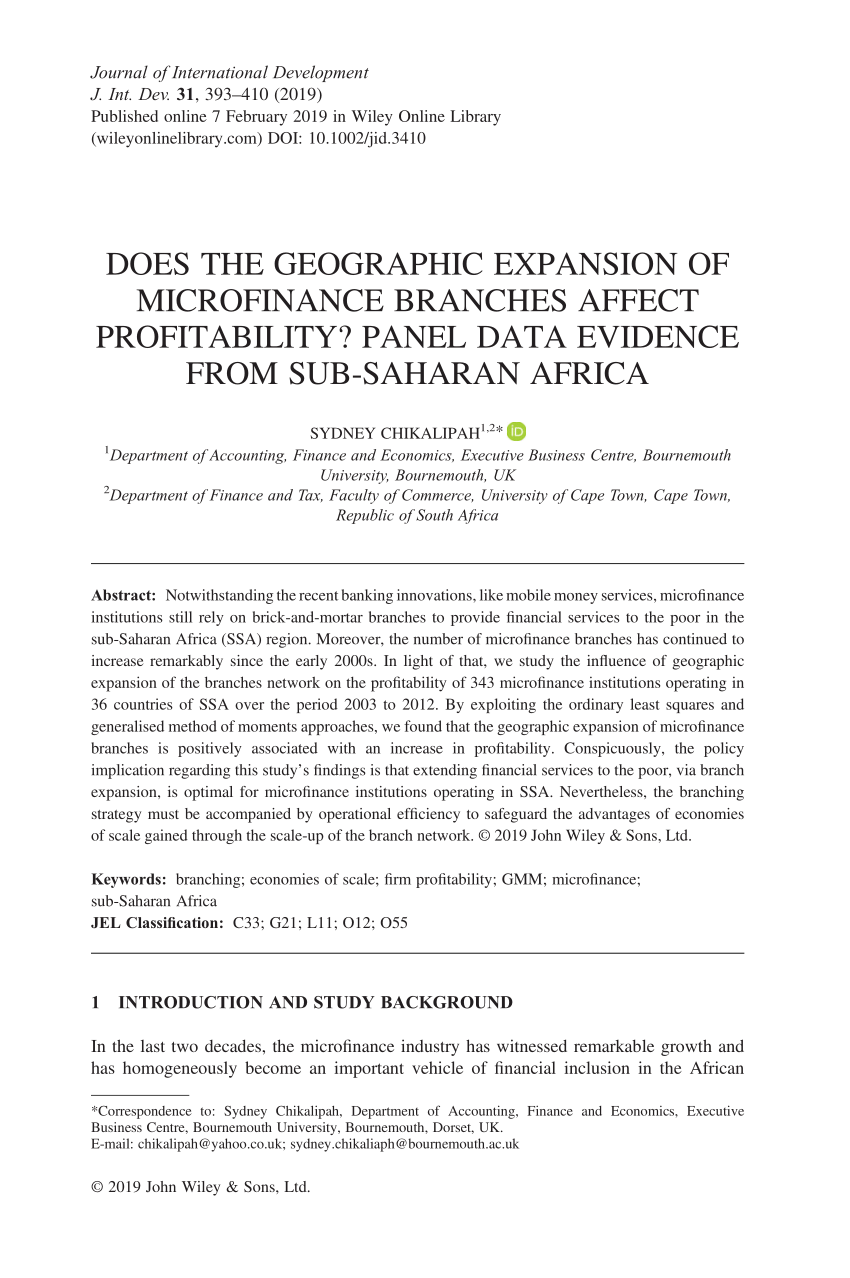 Pdf Does The Geographic Expansion Of Microfinance Branches Affect Profitability Panel Data Evidence From Sub Saharan Africa Branching And Microfinance Profitability