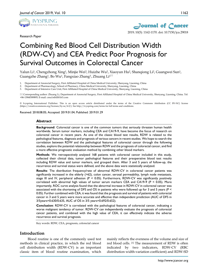 Pdf Combining Red Blood Cell Distribution Width Rdw Cv And Cea