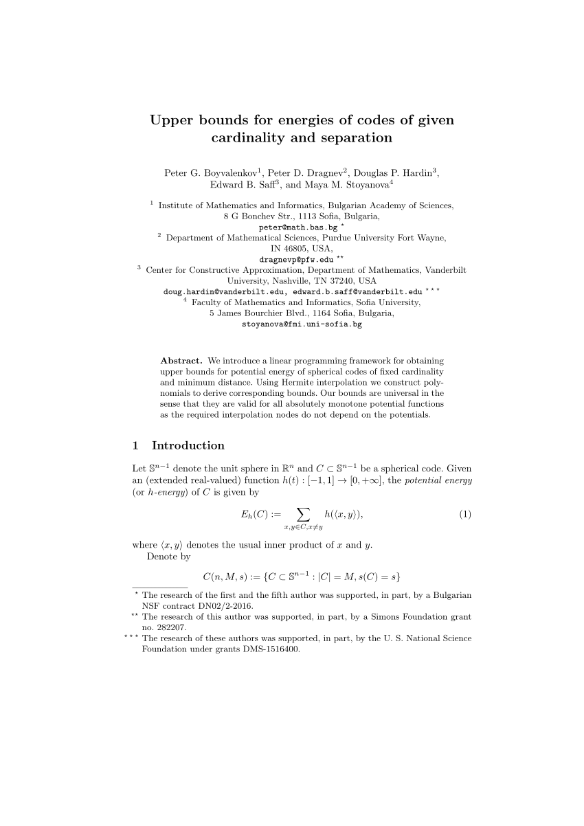 Pdf Upper Bounds For Energies Of Codes Of Given Cardinality And Separation