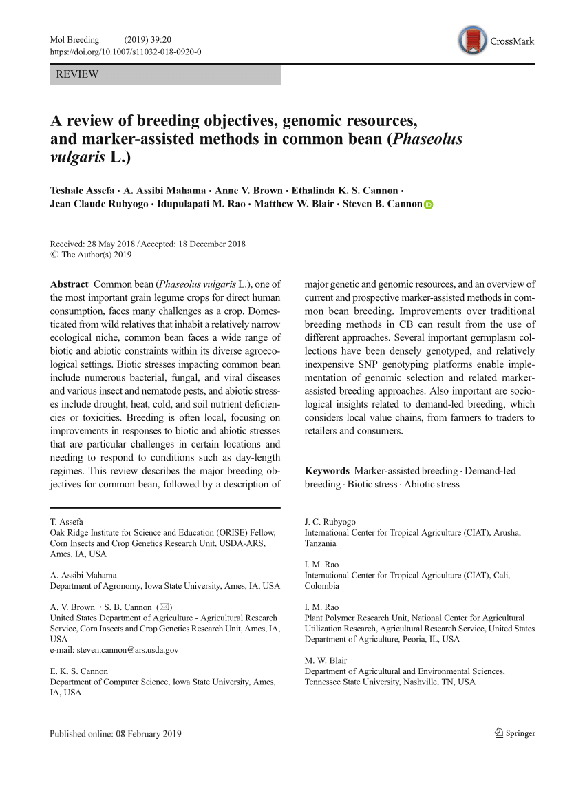 Pdf A Review Of Breeding Objectives Genomic Resources And Marker Assisted Methods In Common Bean Phaseolus Vulgaris L