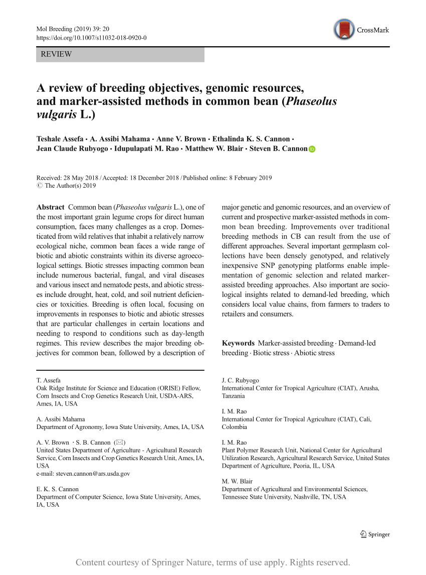 Pdf A Review Of Breeding Objectives Genomic Resources And Marker Assisted Methods In Common Bean Phaseolus Vulgaris L