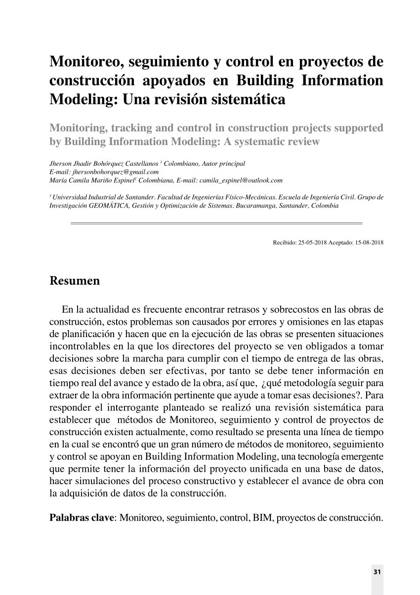 Pdf Monitoreo Seguimiento Y Control En Proyectos De Construccion Apoyados En Building Information Modeling Una Revision Sistematica