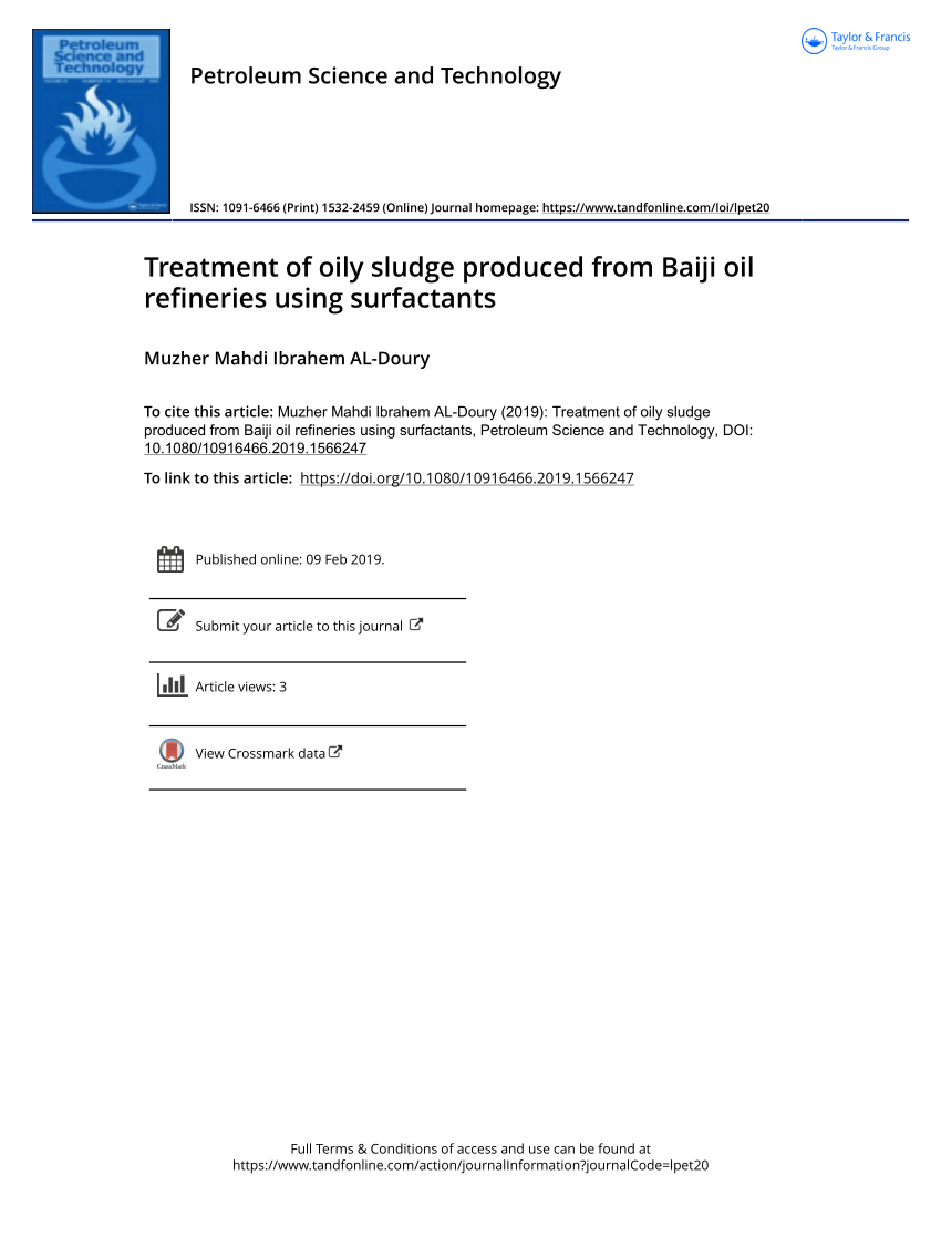 Pdf Treatment Of Oily Sludge Produced From Baiji Oil Refineries Using Surfactants