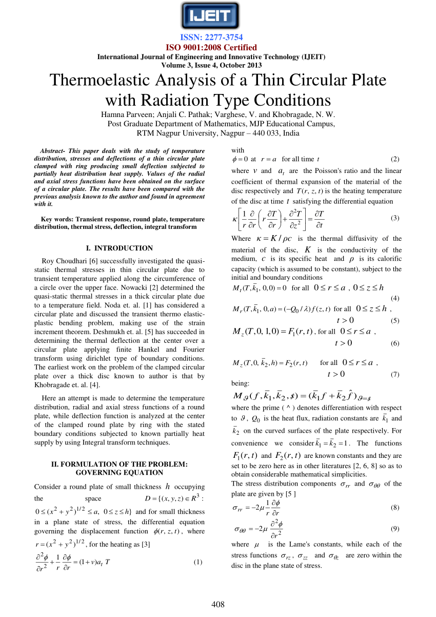Pdf Thermoelastic Analysis Of A Thin Circular Plate With Radiation Type Conditions