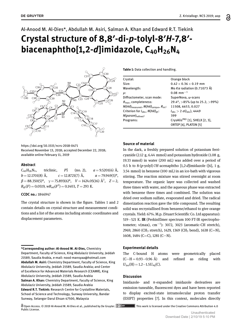 Pdf Crystal Structure Of 8 8 Di P Tolyl 8 H 7 8 Biacenaphtho 1 2 D Imidazole C 40 H 26 N 4