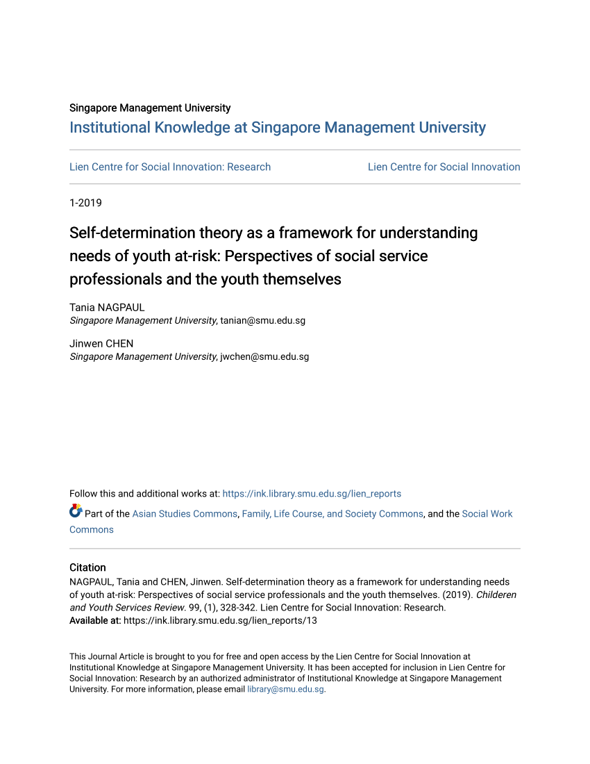 Pdf Self Determination Theory As A Framework For Understanding Needs Of Youth At Risk Perspectives Of Social Service Professionals And The Youth Themselves