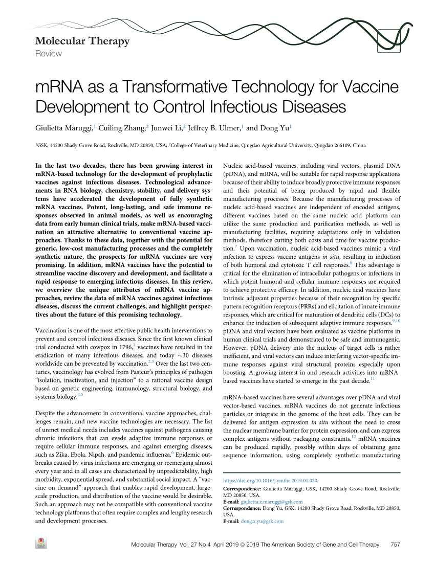 Pdf Mrna As A Transformative Technology For Vaccine Development To Control Infectious Diseases