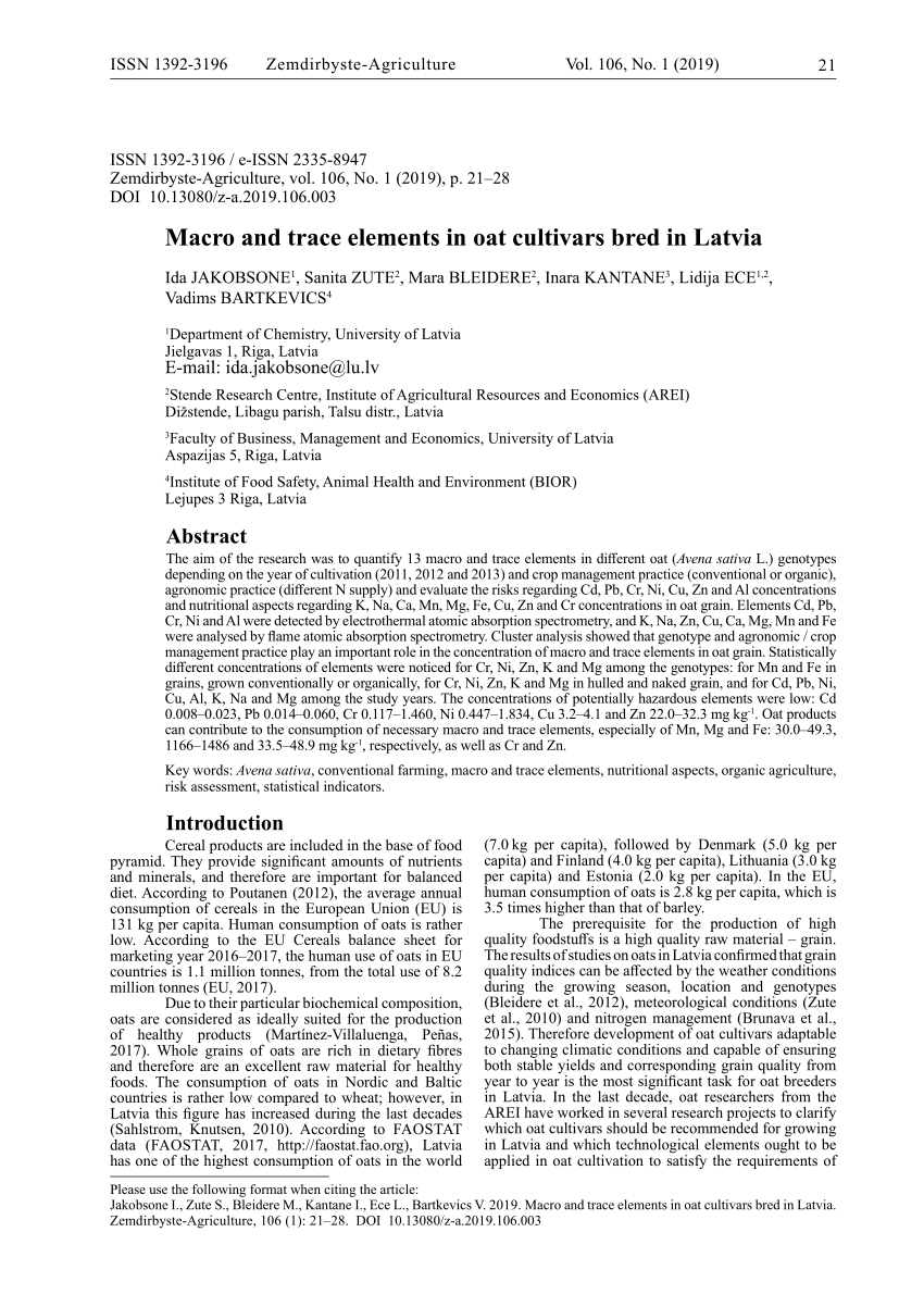 PDF) Macro and trace elements in oat cultivars bred in Latvia