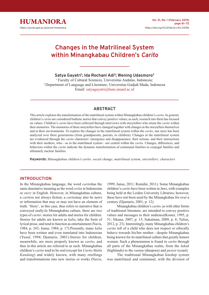 Pdf Changes In The Matrilineal System Within Minangkabau