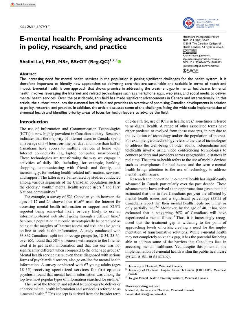 Pdf E Mental Health Promising Advancements In Policy Research And Practice