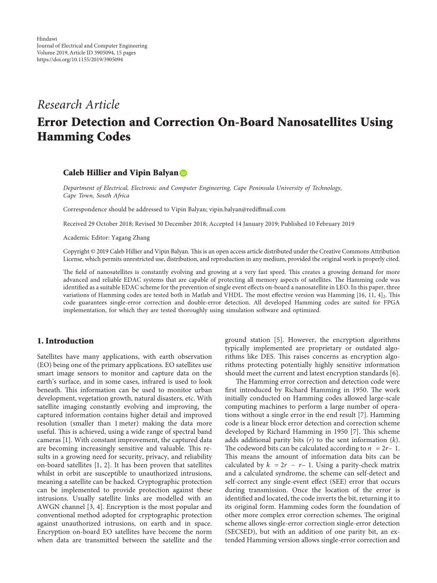 (PDF) Error Detection and Correction On-Board Nanosatellites Using Hamming  Codes