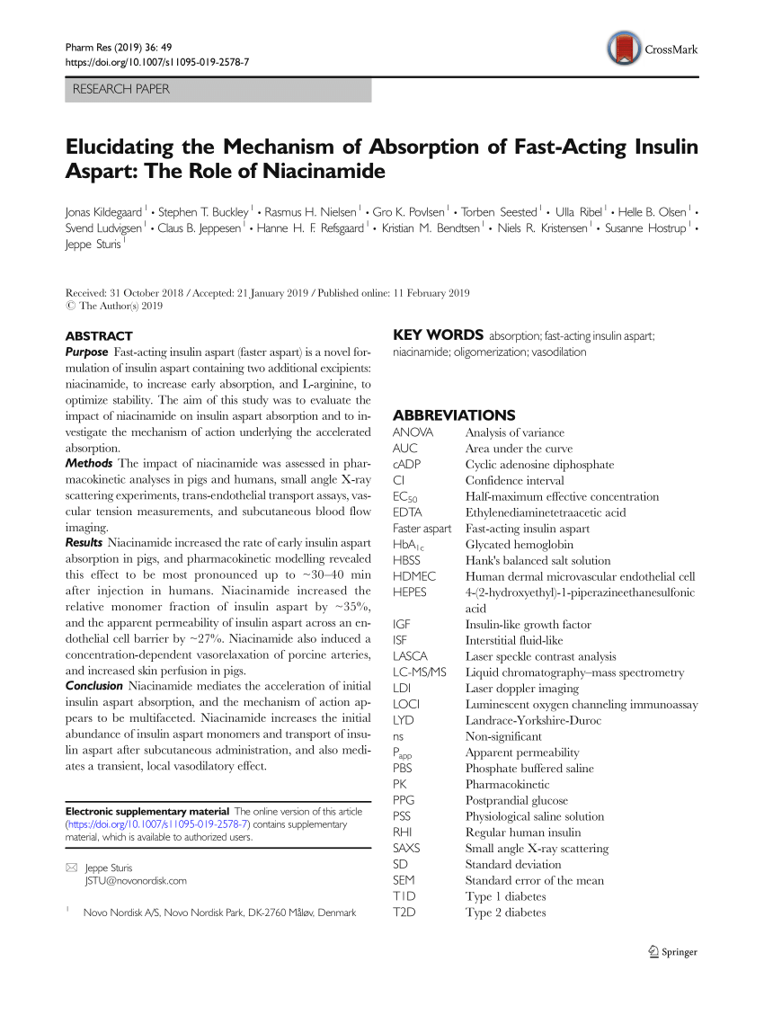 Pdf Elucidating The Mechanism Of Absorption Of Fast Acting Insulin Aspart The Role Of Niacinamide