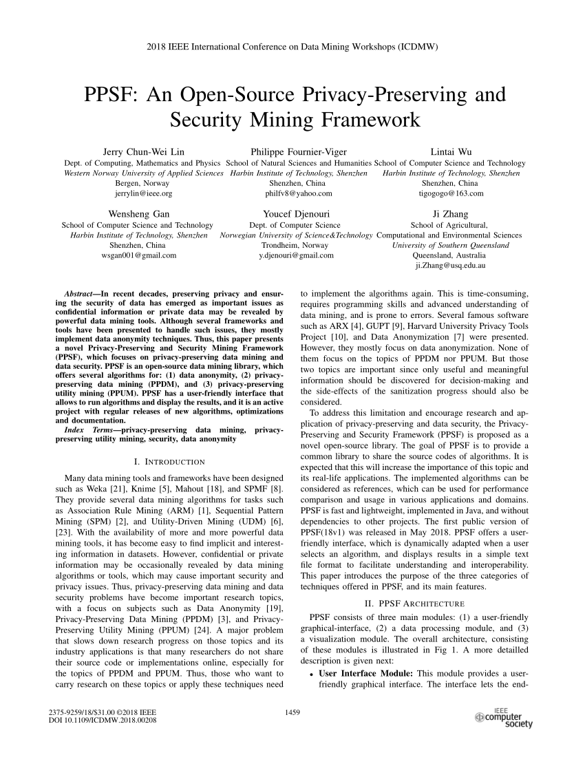 Pdf Ppsf An Open Source Privacy Preserving And Security Mining Framework