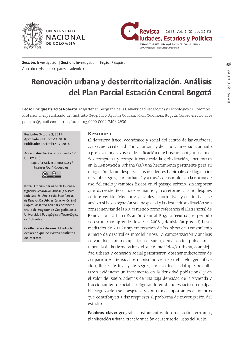 Pdf Renovación Urbana Y Desterritorialización Análisis Del Plan Parcial Estación Central Bogotá 9527