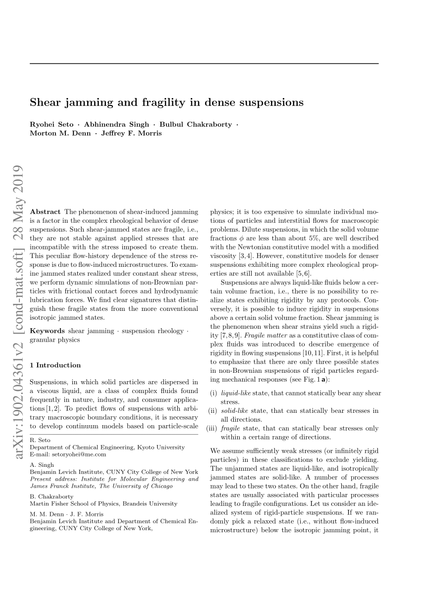 (PDF) Shear jamming and fragility in dense suspensions