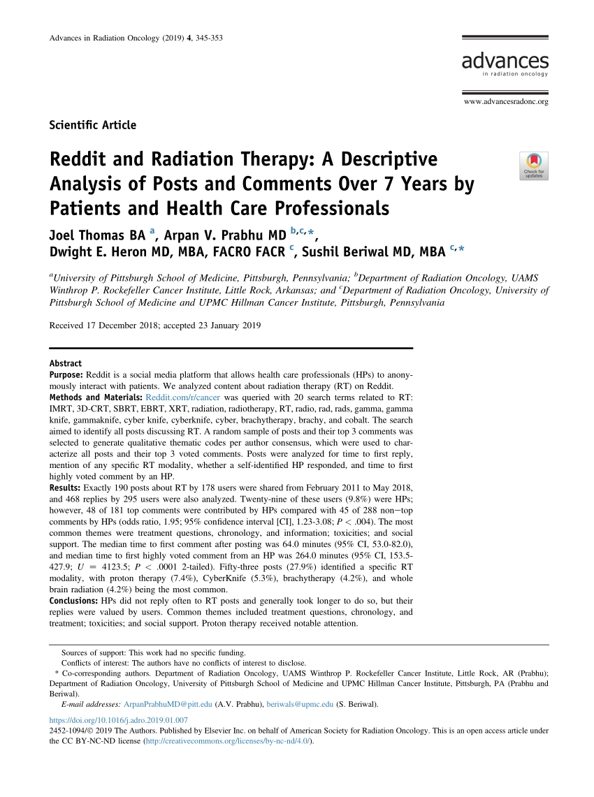 Pdf Reddit And Radiation Therapy A Descriptive Analysis Of Posts And Comments Over Seven Years By Patients And Healthcare Professionals