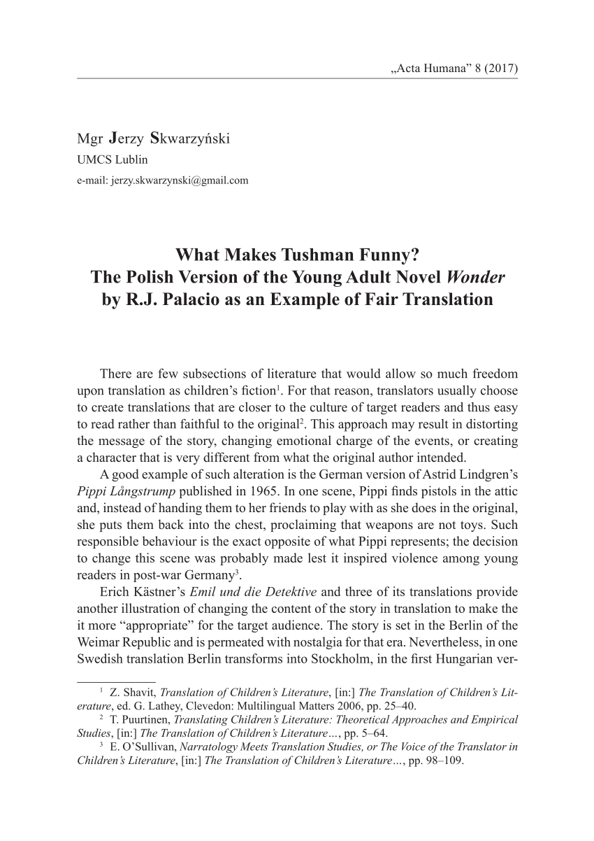 PDF) What Makes Tushman Funny? The Polish Version of the Young Adult Novel  Wonder by . Palacio as an Example of Fair Translation