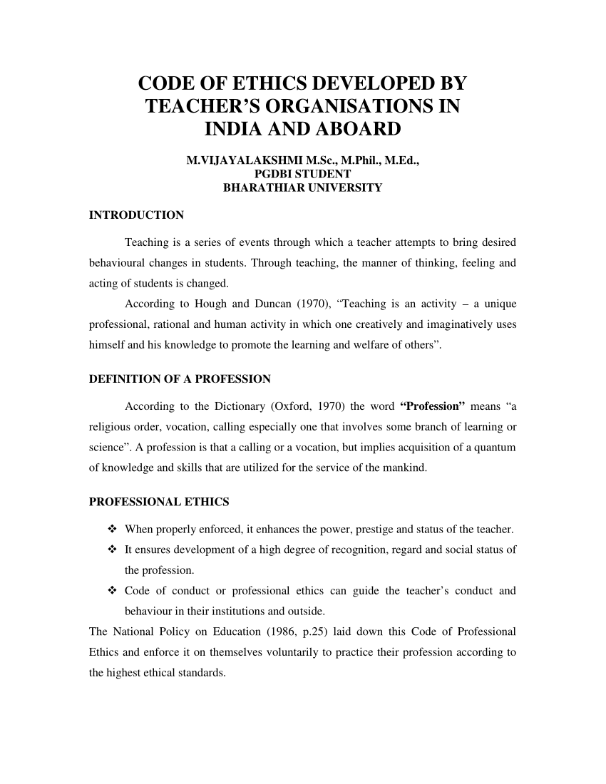 Pdf Code Of Ethics Developed By Teacher S Organisations In India And Aboard