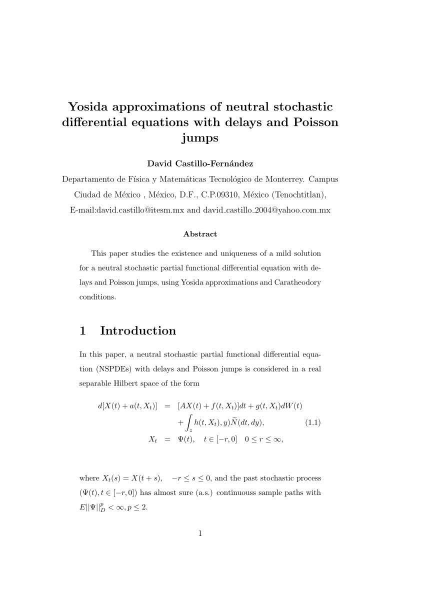 Pdf Yosida Approximations Of Neutral Stochastic Differential Equations With Delays And Poisson Jumps