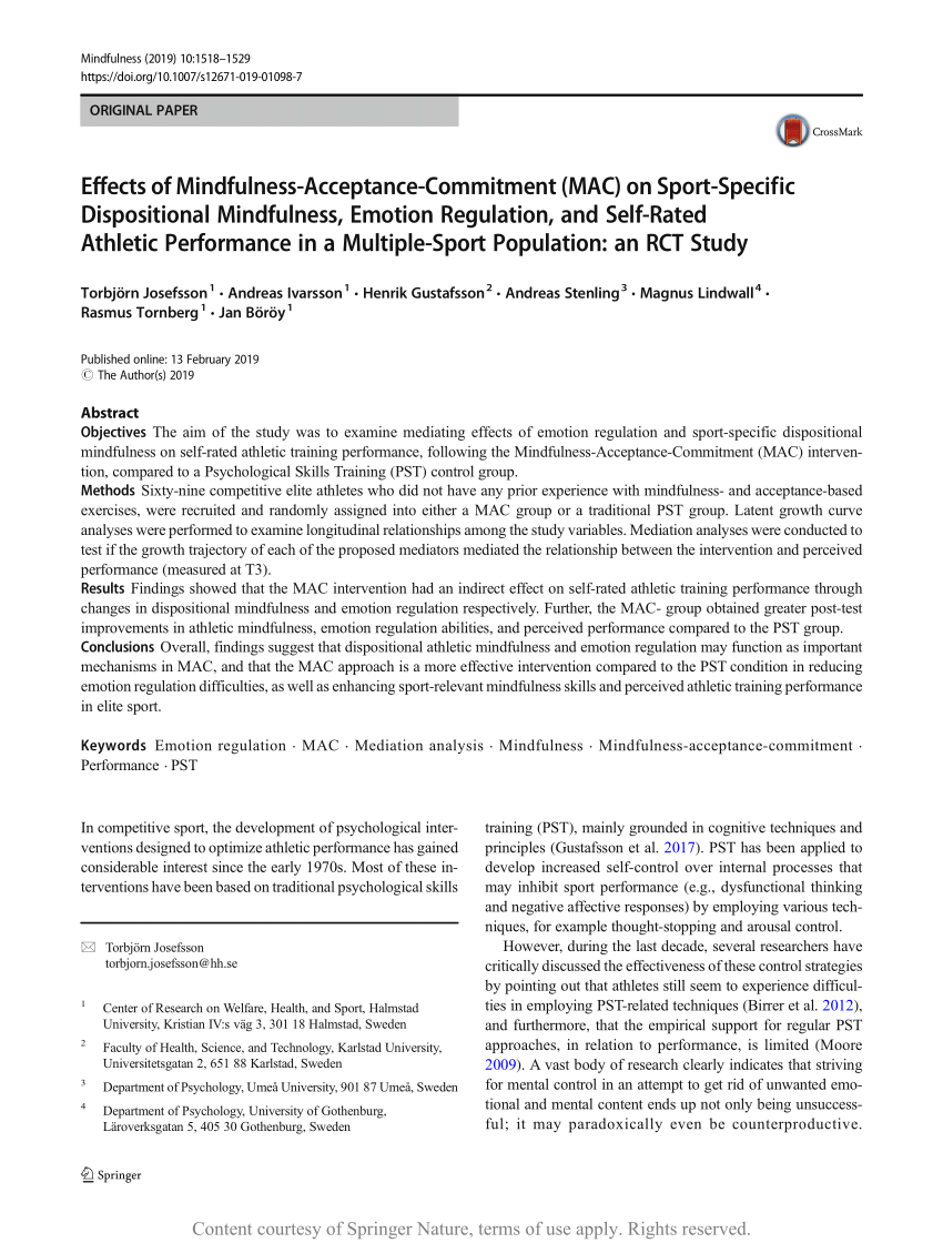 Pdf Effects Of Mindfulness-acceptance-commitment Mac On Sport-specific Dispositional Mindfulness Emotion Regulation And Self-rated Athletic Performance In A Multiple-sport Population An Rct Study