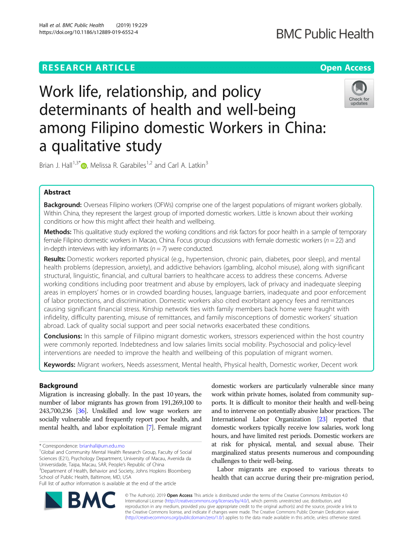 PDF) Work life, relationship, and policy determinants of Health and Well-being among Filipino Domestic Workers in China A Qualitative study