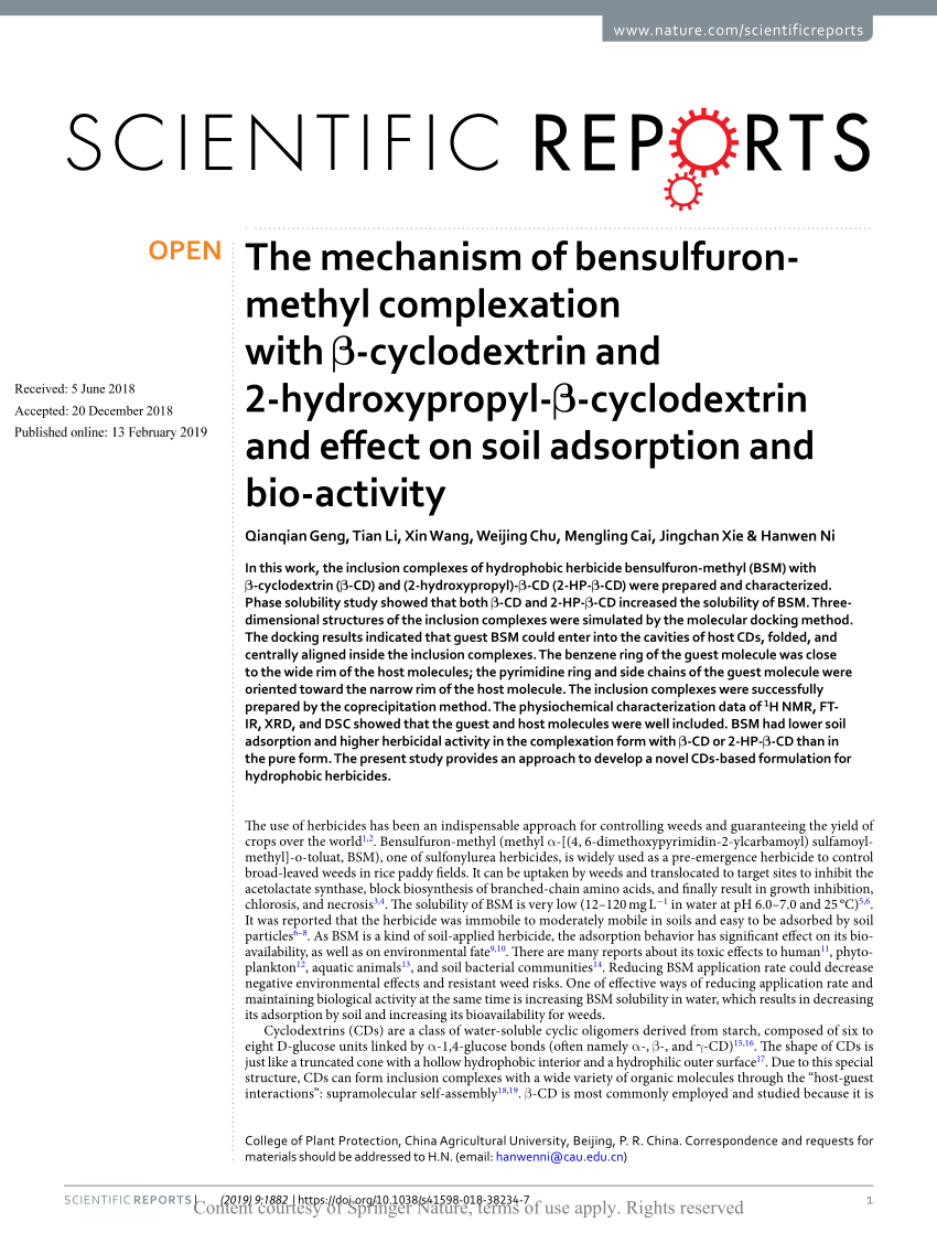 Pdf The Mechanism Of Bensulfuron Methyl Complexation With B Cyclodextrin And 2 Hydroxypropyl B Cyclodextrin And Effect On Soil Adsorption And Bio Activity