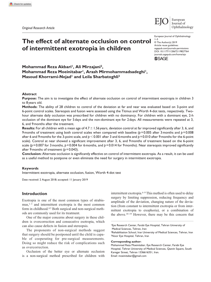 Pdf The Effect Of Alternate Occlusion On Control Of Intermittent Exotropia In Children